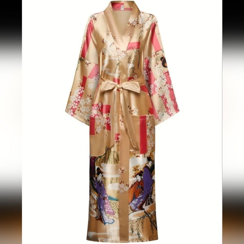 Satin Floral Scenic Kimono Robe in Champagne and Pink